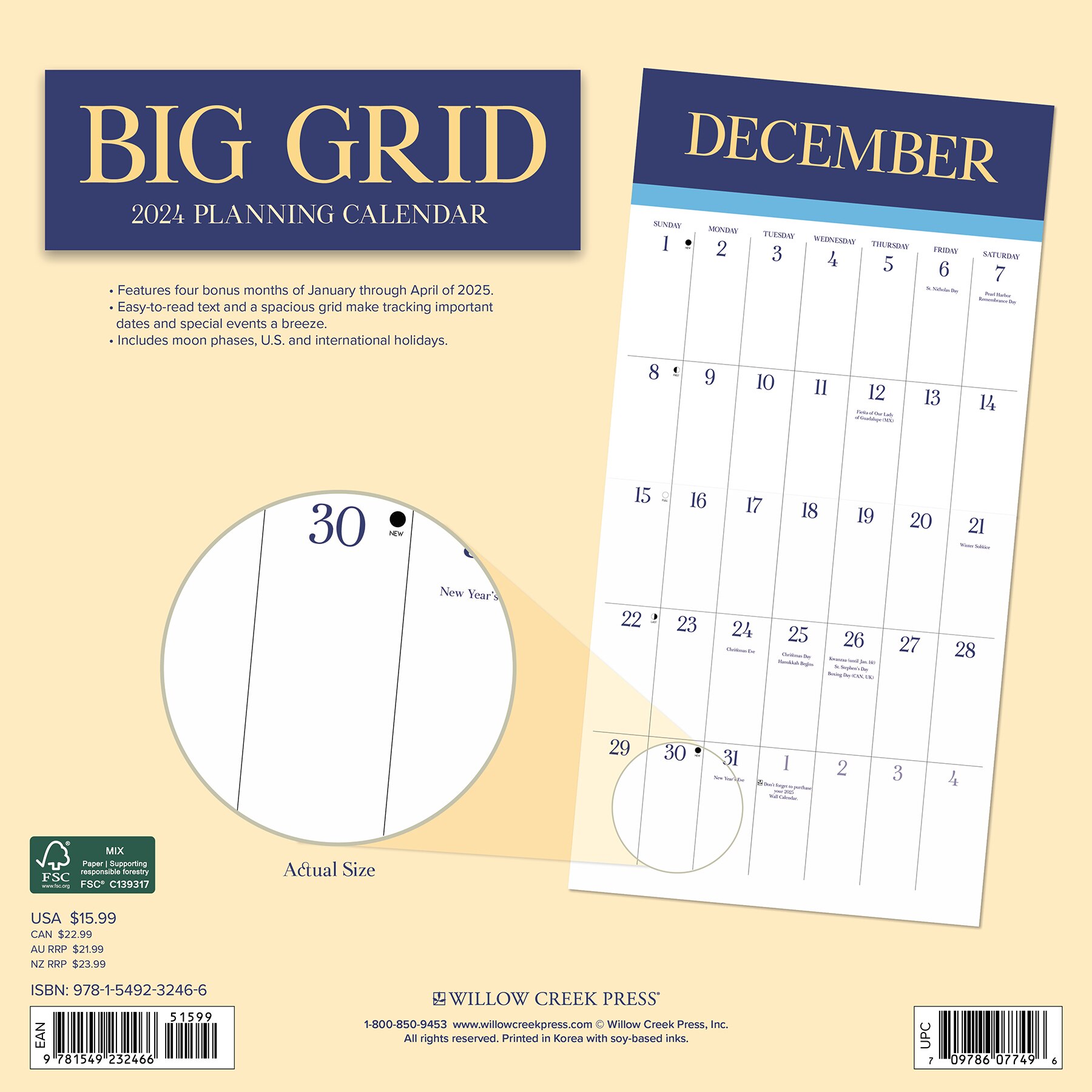 Willow Creek Press 2024 Wall Calendar 12X12, Big Grid Planning Jewel