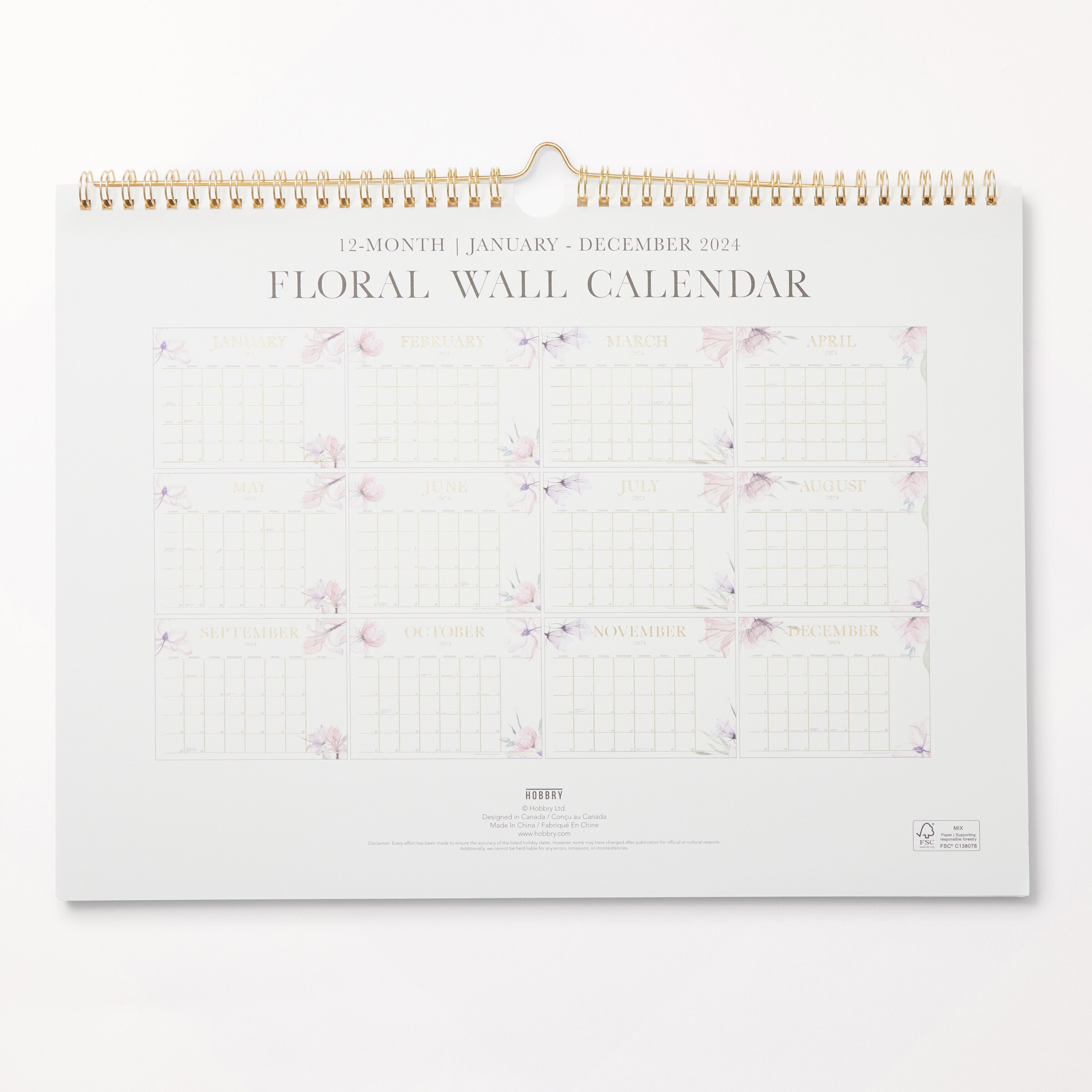 Hobbry 2024 12Month Horizontal Spiral Wall Calendar, Watercolour
