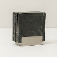 OUI DARK MARBLE COASTERS WITH SILVER CADDY SET OF 4