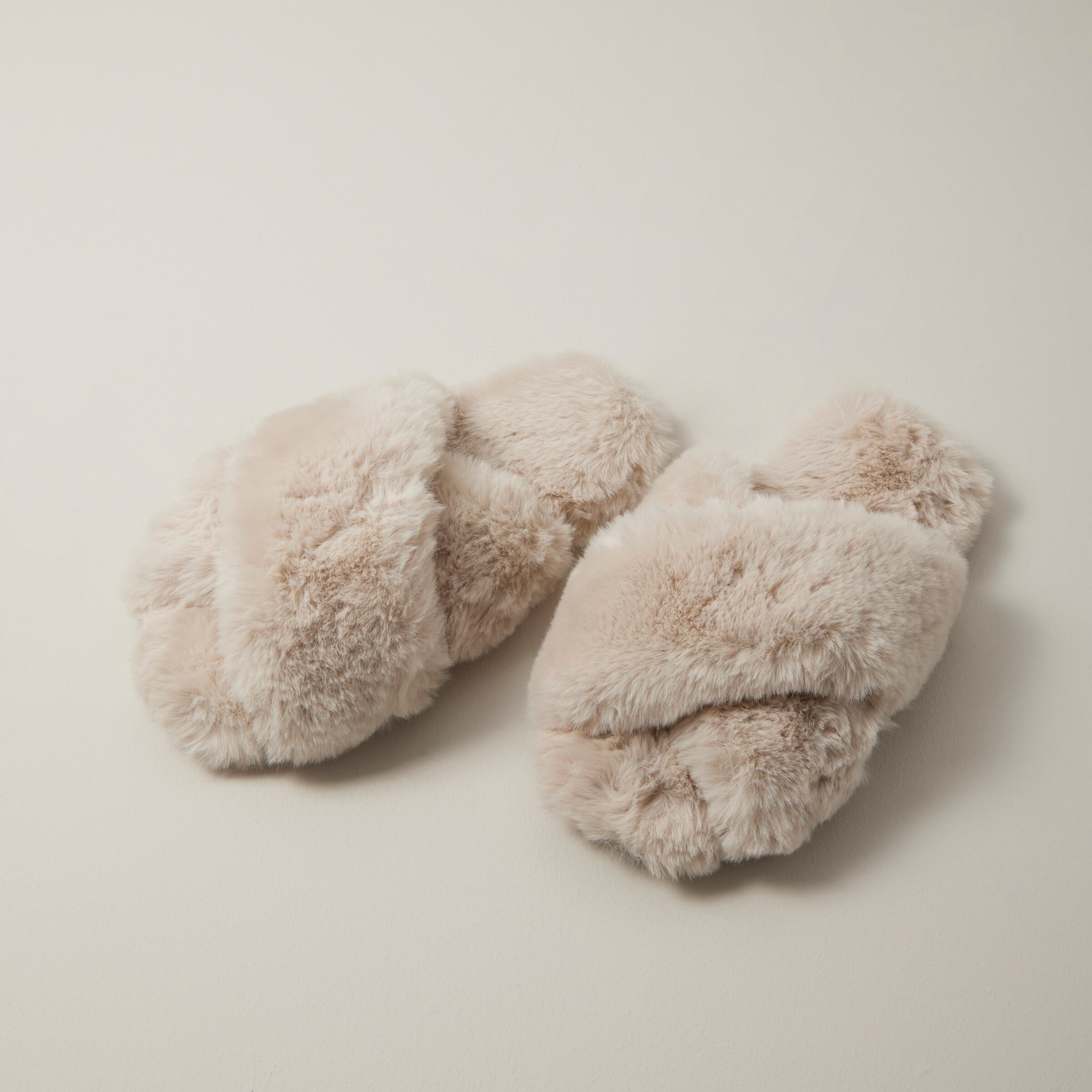 white fluffy cross over slippers