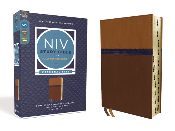 NIV Study Bible Fully Revised Edition (Study Deeply. Believe Wholeheartedly.) Personal Size Leathersoft Brown/Blue Red Letter Thumb by Zondervan