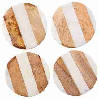 White Marble and Wood Coasters Set of 4