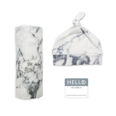 Lulujo Hello World Blanket and Knotted Hat Set Marble Newborn