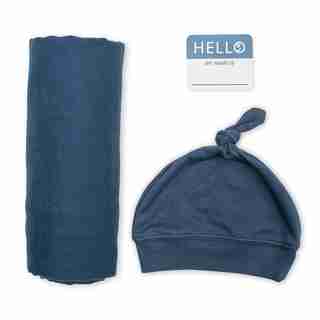 Couverture et chapeau noués Hello World - marine