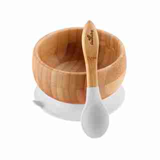 Avanchy - Stay Put Baby Bamboo Suction Bowl + Spoon - White