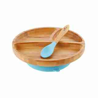 Avanchy bambou aspiration bambin plaque + cuillère - Bleu