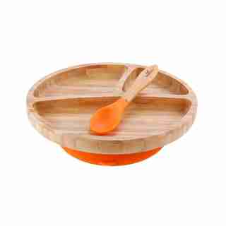 AVANCHY STAY-PUT TODDLER BAMBOO SUCTION PLATE+SPOON, ORANGE