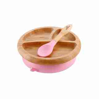 AVANCHY STAY-PUT BABY BAMBOO SUCTION PLATE+SPOON, PINK