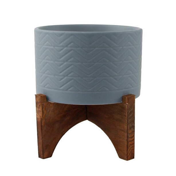 FLORA BUNDA CERAMIC AND WOOD PLANT POT BLUE