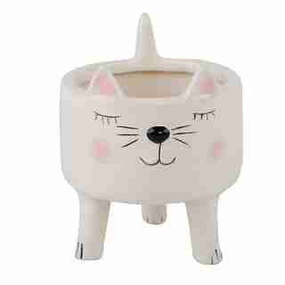 FLORA BUNDA CERAMIC AND WOOD PLANT POT CERAMIC BOY CAT