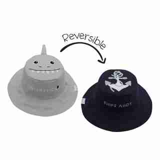 FLAPJACKKIDS REVERSIBLE KIDS COTTON ANIMAL SUN HAT – SHARK/ANCHOR (2-4 YEARS)