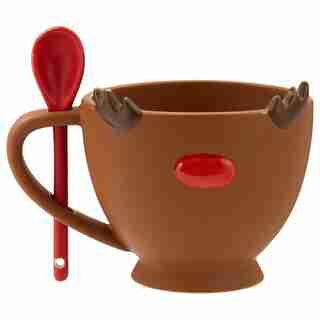 REINDEER FACE FIGURAL MUG WITH SPOON