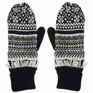 LOVE AND LORE FAIR ISLE FRINGE MITTEN BLACK AND IVORY