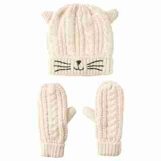 LOVE AND LORE WOMEN’S KITTY HAT & MITTEN SET IVORY