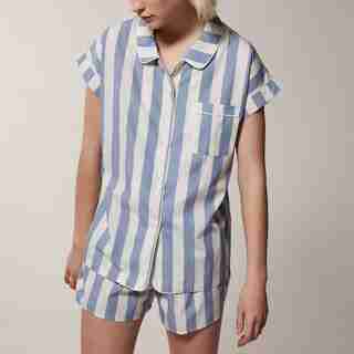 LOVE AND LORE POPLIN PJ SHORT SET AWNING STRIPE BLUE MEDIUM