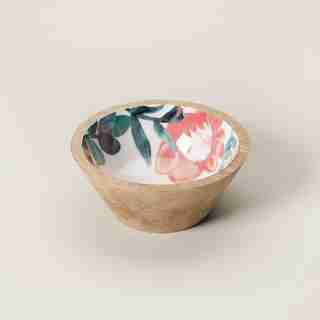 SMALL TROPICAL WOOD & ENAMEL BOWL