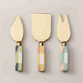 COLOURBLOCK HEXAGONAL WOOD & ENAMEL CHEESE KNIVES SET OF 3