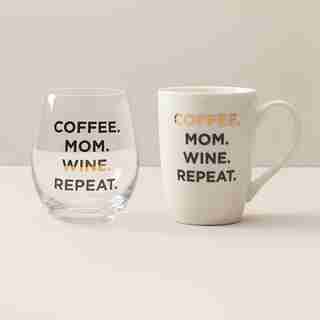 COFFEE MOM WINE REPEAT MUG AND STEMLESS WINE GLASS SET