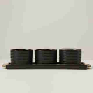 OUI RIDGED CERAMIC SERVING BOWLS WITH TRAY OLIVE SET OF 3