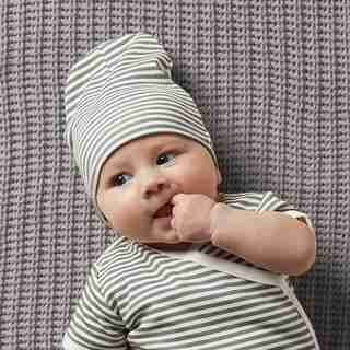 THE LITTLEST ORGANIC HAT - CHARCOAL AND WHITE STRIPE BABY 0-12 MONTHS