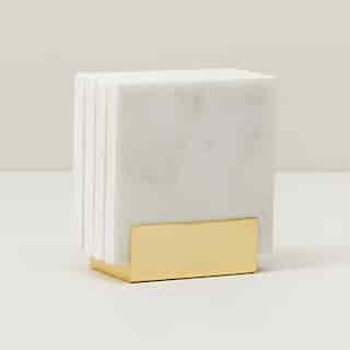 OUI WHITE MARBLE COASTERS WITH BRASS CADDY SET OF 4