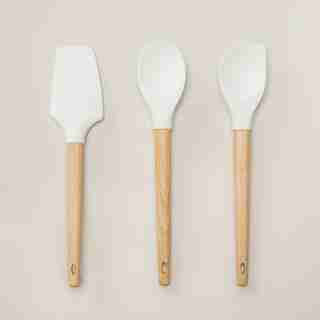 SET OF 3 WOOD & SILICONE UTENSILS, WHITE