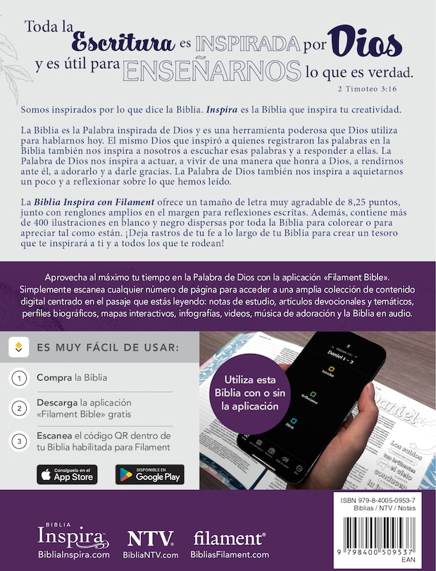 Couverture arrière_Biblia Inspira NTV con Filament  (Tapa dura de SentiPiel, Lavanda)