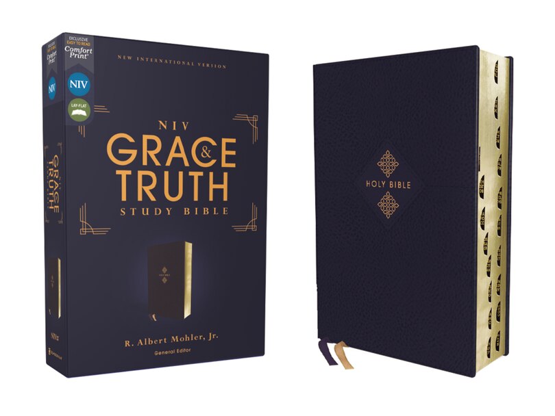 Front cover_NIV, The Grace and Truth Study Bible (Trustworthy and Practical Insights), Leathersoft, Navy, Red Letter, Thumb Indexed, Comfort Print