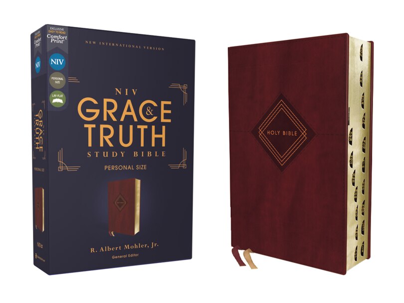 Front cover_NIV, The Grace and Truth Study Bible (Trustworthy and Practical Insights), Personal Size, Leathersoft, Burgundy, Red Letter, Thumb Indexed, Comfort Print