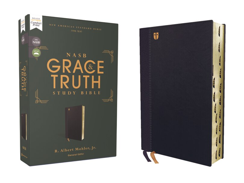 Front cover_NASB, The Grace and Truth Study Bible (Trustworthy and Practical Insights), Leathersoft, Navy, Red Letter, 1995 Text, Thumb Indexed, Comfort Print