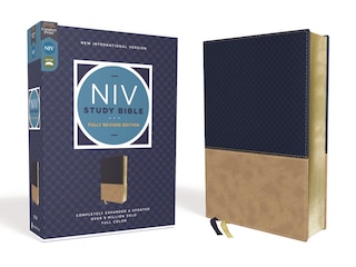 Front cover_NIV Study Bible, Fully Revised Edition (Study Deeply. Believe Wholeheartedly.), Leathersoft, Navy/Tan, Red Letter, Comfort Print