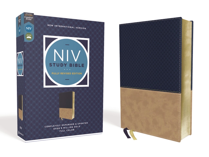 Front cover_NIV Study Bible, Fully Revised Edition (Study Deeply. Believe Wholeheartedly.), Leathersoft, Navy/Tan, Red Letter, Comfort Print