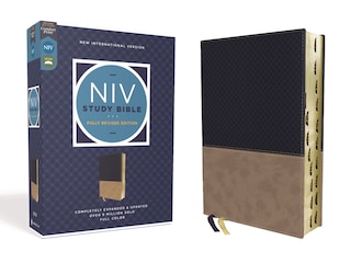 Front cover_NIV Study Bible, Fully Revised Edition (Study Deeply. Believe Wholeheartedly.), Leathersoft, Navy/Tan, Red Letter, Thumb Indexed, Comfort Print