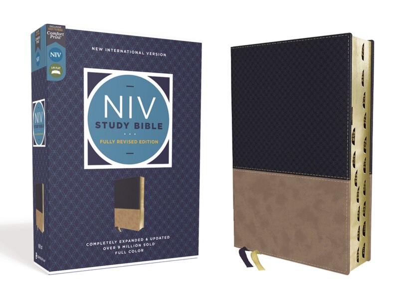 Front cover_NIV Study Bible, Fully Revised Edition (Study Deeply. Believe Wholeheartedly.), Leathersoft, Navy/Tan, Red Letter, Thumb Indexed, Comfort Print