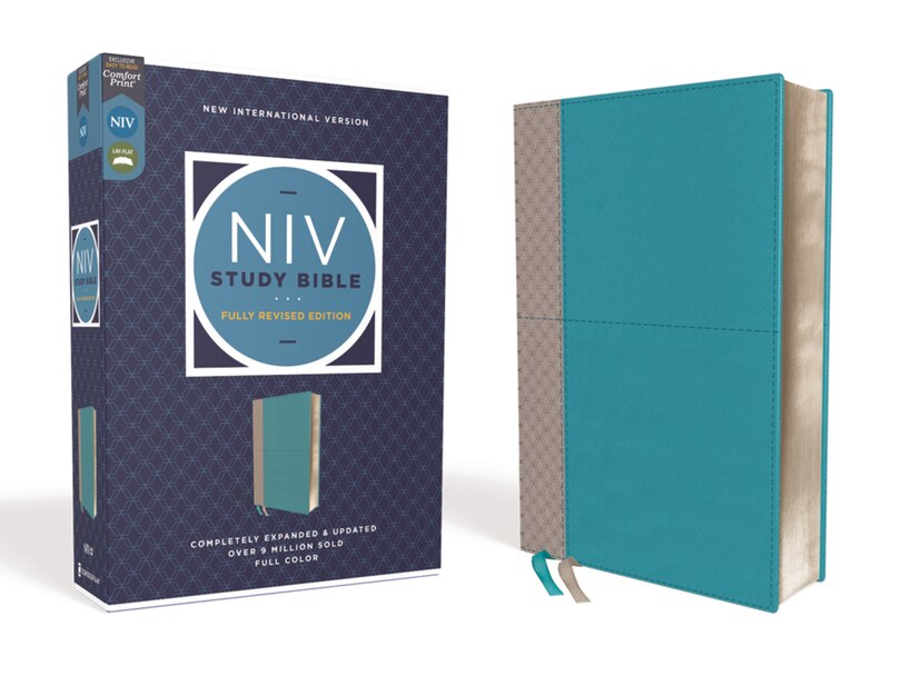 Front cover_NIV Study Bible, Fully Revised Edition (Study Deeply. Believe Wholeheartedly.), Leathersoft, Teal/Gray, Red Letter, Comfort Print