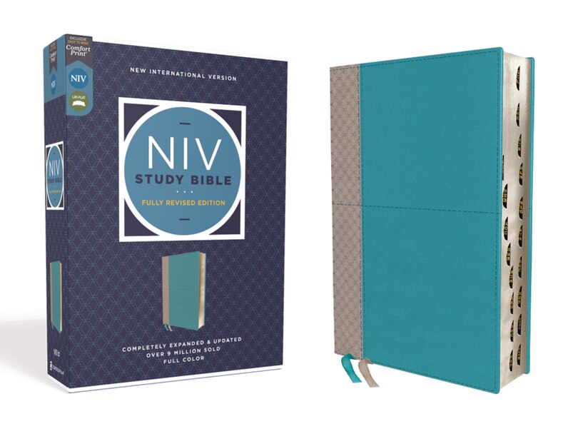 Front cover_NIV Study Bible, Fully Revised Edition (Study Deeply. Believe Wholeheartedly.), Leathersoft, Teal/Gray, Red Letter, Thumb Indexed, Comfort Print