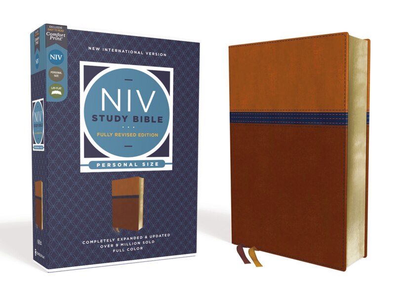 Front cover_NIV Study Bible, Fully Revised Edition (Study Deeply. Believe Wholeheartedly.), Personal Size, Leathersoft, Brown/Blue, Red Letter, Comfort Print