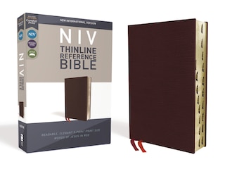 Front cover_NIV, Thinline Reference Bible (Deep Study at a Portable Size), Bonded Leather, Burgundy, Red Letter, Thumb Indexed, Comfort Print