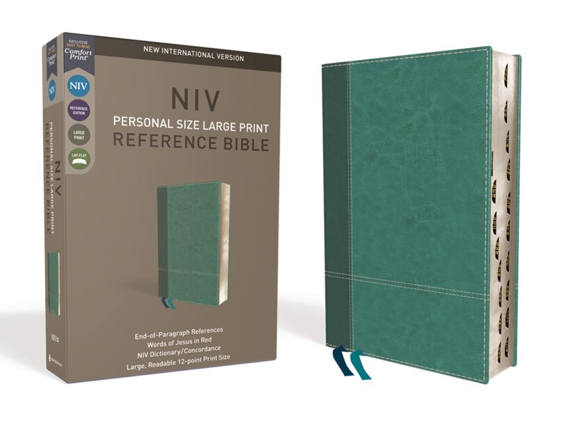Front cover_Niv, Personal Size Reference Bible, Large Print, Leathersoft, Teal, Red Letter, Thumb Indexed, Comfort Print