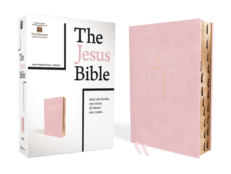 Front cover_The Jesus Bible, NIV Edition, (With Thumb Tabs to Help Locate the Books of the Bible), Leathersoft over Board, Pink, Thumb Indexed, Comfort Print