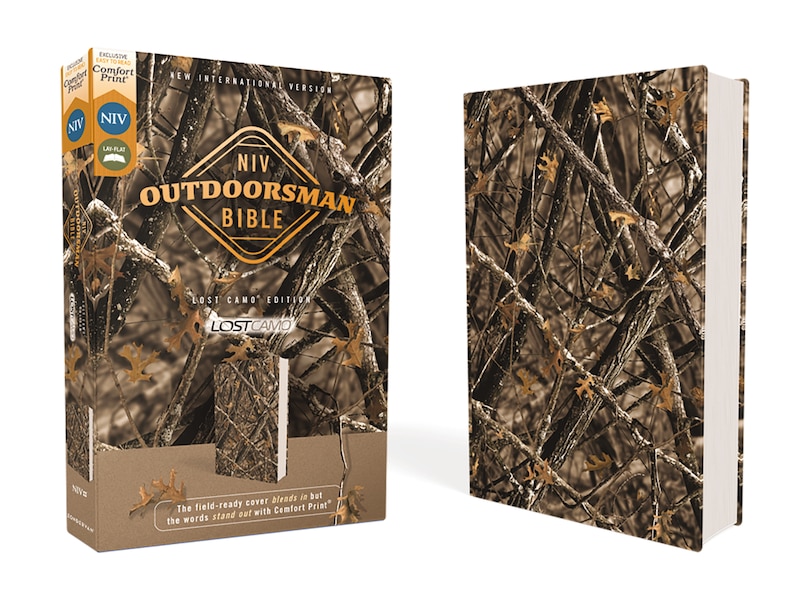 Front cover_Niv, Outdoorsman Bible, Lost Camo Edition, Leathersoft, Red Letter, Comfort Print