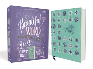 Front cover_Niv, Beautiful Word Coloring Bible For Girls Pencil/sticker Gift Set, Updated, Leathersoft Over Board, Teal, Comfort Print