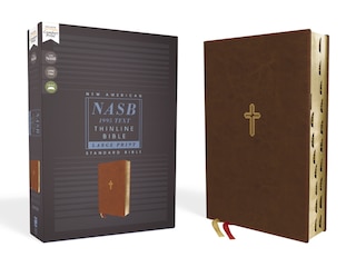 Front cover_Nasb, Thinline Bible, Large Print, Leathersoft, Brown, Red Letter, 1995 Text, Thumb Indexed, Comfort Print