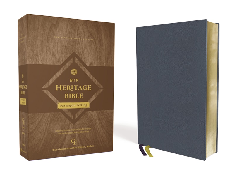 Couverture_NIV, Heritage Bible, Passaggio Setting, Genuine Leather, Buffalo, Blue, Line Matched, Art Gilded Edges, Comfort Print