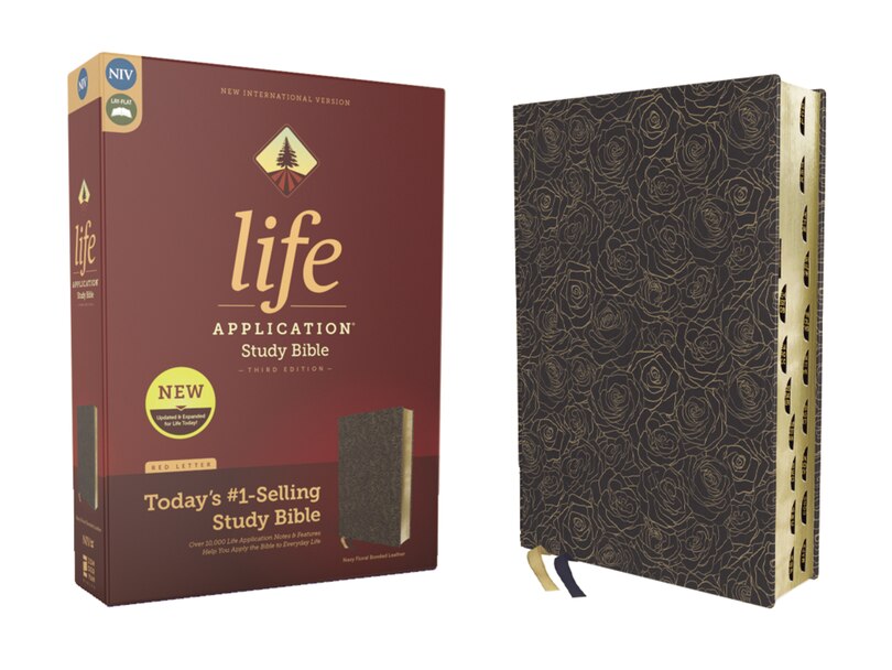 Couverture_Niv, Life Application Study Bible, Third Edition, Bonded Leather, Navy Floral, Red Letter, Thumb Indexed