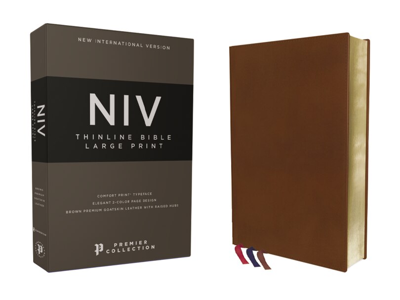 Front cover_Niv, Thinline Bible, Large Print, Premium Goatskin Leather, Brown, Premier Collection, Black Letter, Art Gilded Edges, Comfort Print