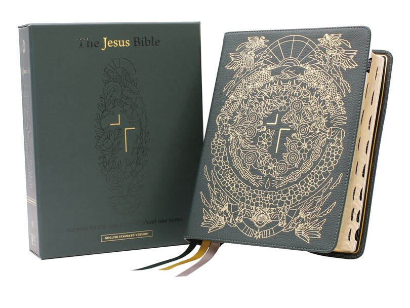Front cover_The Jesus Bible Artist Edition, ESV, (With Thumb Tabs to Help Locate the Books of the Bible), Genuine Leather, Calfskin, Green, Limited Edition, Thumb Indexed
