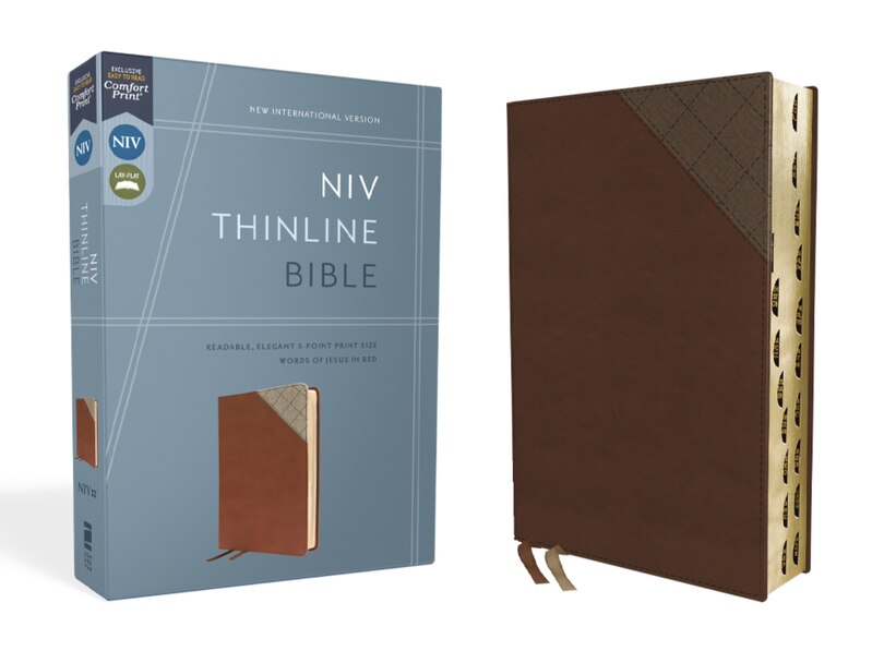Front cover_Niv, Thinline Bible, Leathersoft, Brown, Red Letter, Thumb Indexed, Comfort Print