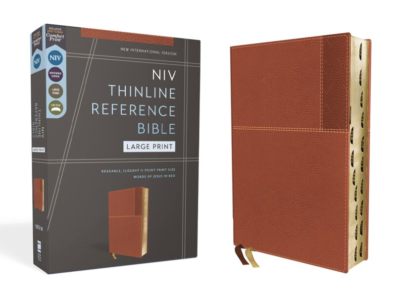 Front cover_NIV, Thinline Reference Bible (Deep Study at a Portable Size), Large Print, Leathersoft, Brown, Red Letter, Thumb Indexed, Comfort Print