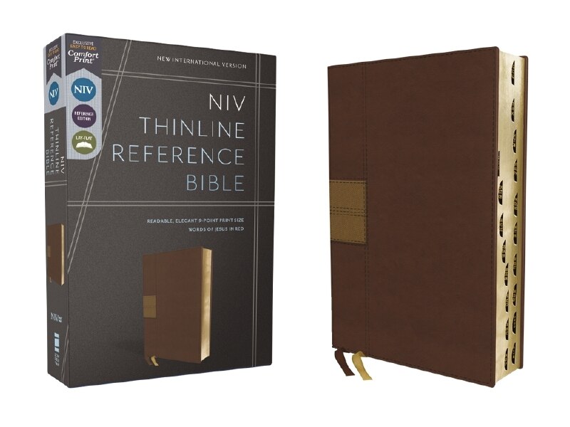 Front cover_NIV, Thinline Reference Bible (Deep Study at a Portable Size), Leathersoft, Brown, Red Letter, Thumb Indexed, Comfort Print